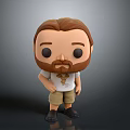 Cartoon Figurine Brown Hair Beard White T-Shirt Logo Khaki Shorts Black Shoes Hand on Hip