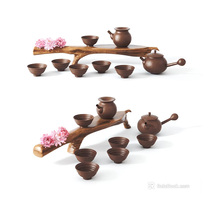 Traditional Brown Tea Set with Teapot Teacups on Wooden Tray Decorated with Pink Flowers 3d model 