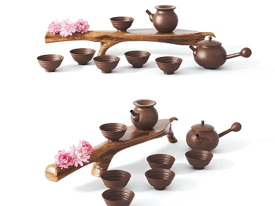 Traditional Brown Tea Set with Teapot Teacups on Wooden Tray Decorated with Pink Flowers 3d model