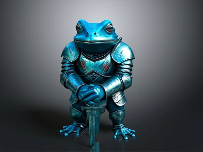 Blue Frog Wearing Medieval Armor Holding Sword with Mythical Details 3d model