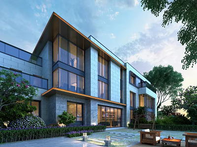 Modern Garden Landscape With Surrounding Building Greenery Trees Stone Pathway And Furniture 3d model