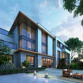 Modern Garden Landscape With Surrounding Building Greenery Trees Stone Pathway And Furniture