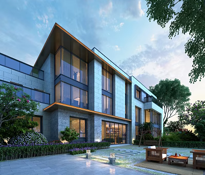 Modern Garden Landscape With Surrounding Building Greenery Trees Stone Pathway And Furniture 3d model