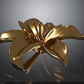 Golden Lily With Metallic Shiny Petals As Decorative Ornament On Dark Reflective Surface