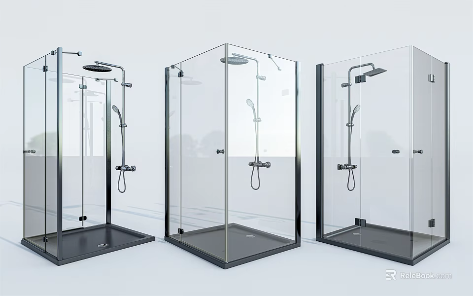 Three Modern Shower Sauna Enclosures Featuring Transparent Glass Black Base And Shower Fixtures 3d model 