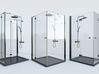 Three Modern Shower Sauna Enclosures Featuring Transparent Glass Black Base And Shower Fixtures 3d model