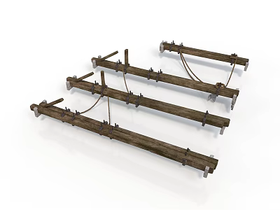 Three Heavy Duty Wooden Metal Support Frames With Rope Connections And Brackets 3d model