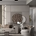 Modern Sofa and Coffee Table Set with Marble Wall Wooden Panel and Decorative Pillows 3d model