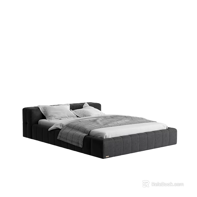 Modern Upholstered Double Bed With Platform Frame White Pillows And Gray Bedspread 3d model