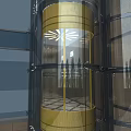 Modern Transparent Elevator with Glass Shaft and Gold Accents on Building Exterior