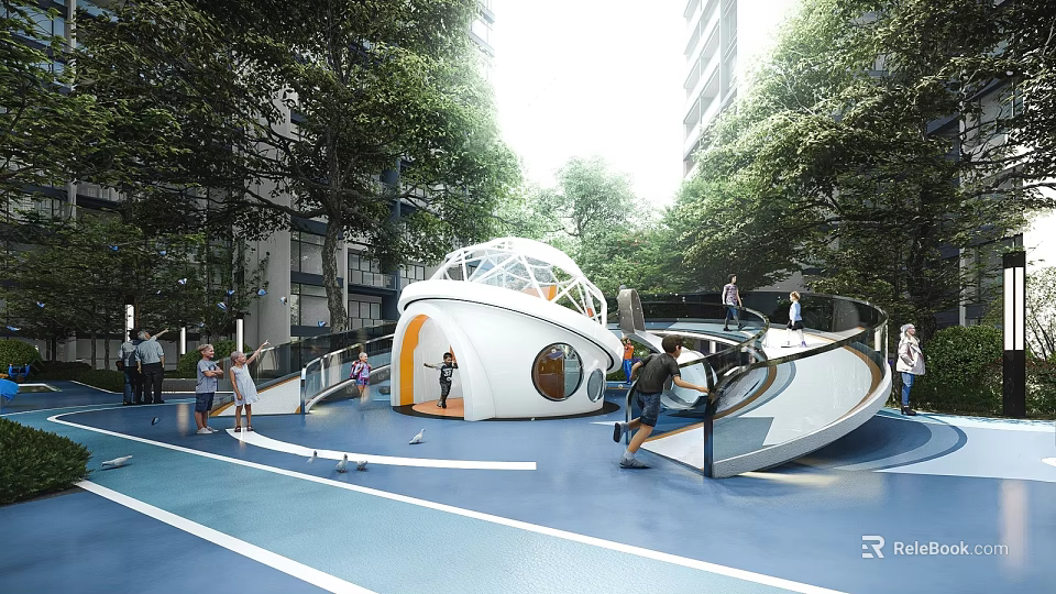 Outdoor Children's Play Area With Modern Curved Slide Climbing Structure And Blue Flooring 3d model 