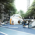 Outdoor Children's Play Area With Modern Curved Slide Climbing Structure And Blue Flooring
