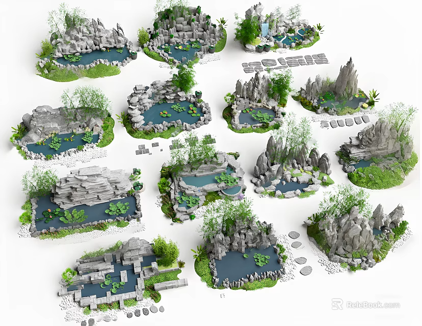Rockery Stones With Various Designs Featuring Ponds Green Plants And Small Paths 3d model 