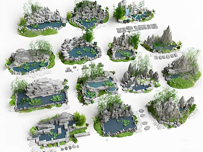 Rockery Stones With Various Designs Featuring Ponds Green Plants And Small Paths 3d model