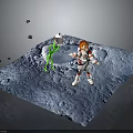 Astronaut In White Spacesuit Meeting Green Alien On Moon Surface With Rocks