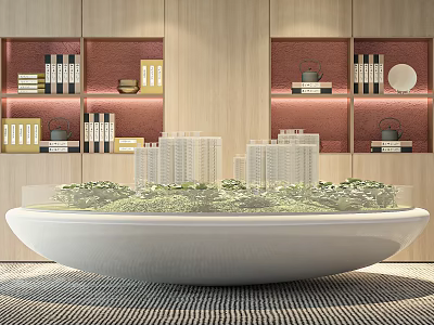Building Model Display On White Circular Table With Wooden Cabinets And Shelf Decorations 3d model