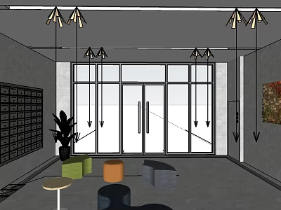 Elevator Hallway Interior With Glass Doors Pendant Lights Seating And Mailboxes 3d model