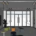 Elevator Hallway Interior With Glass Doors Pendant Lights Seating And Mailboxes