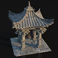Ancient Chinese Pavilion With Traditional Tiled Roof Curved Eaves And Stone Pillars