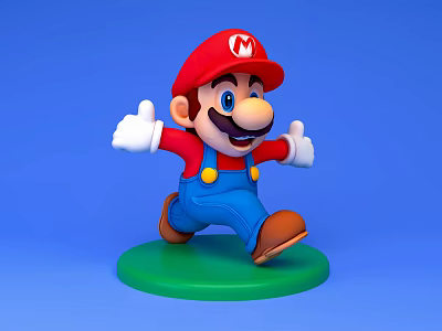 Super Mario Game Character Wearing Red Hat Blue Overalls White Gloves Green Base Blue Background 3d model
