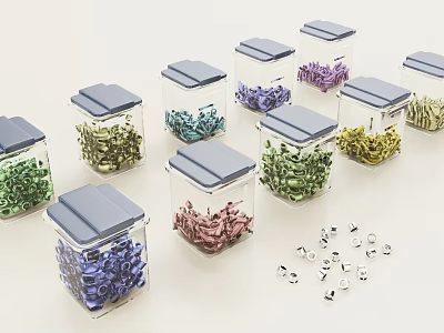 Colorful Small Hardware Parts Stored in Transparent Glass Jars With Gray Lids and Scattered Nearby 3d model