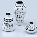 White Decorative Vases Featuring Black Hand Drawn Patterns And Various Shapes 3d model