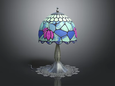 Stained Glass Table Lamp With Pink And Blue Floral Patterns Silver Base And Lace Trim 3d model