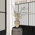 Bonsai Plant with White Blossom Branches in Ceramic Vase on Stone Base Indoor Interior Design