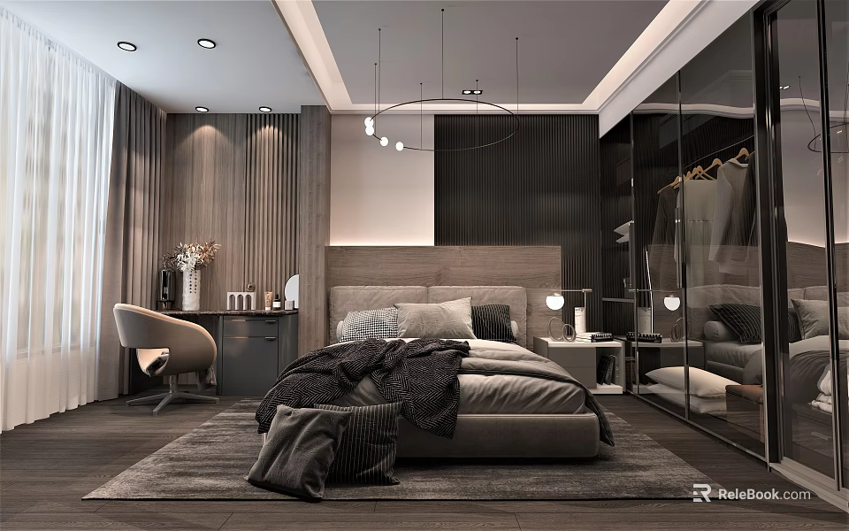 Modern Bedroom Interior Design With Platform Bed Pendant Lights And Wardrobe 3d model 