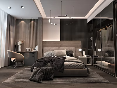 Modern Bedroom Interior Design With Platform Bed Pendant Lights And Wardrobe 3d model