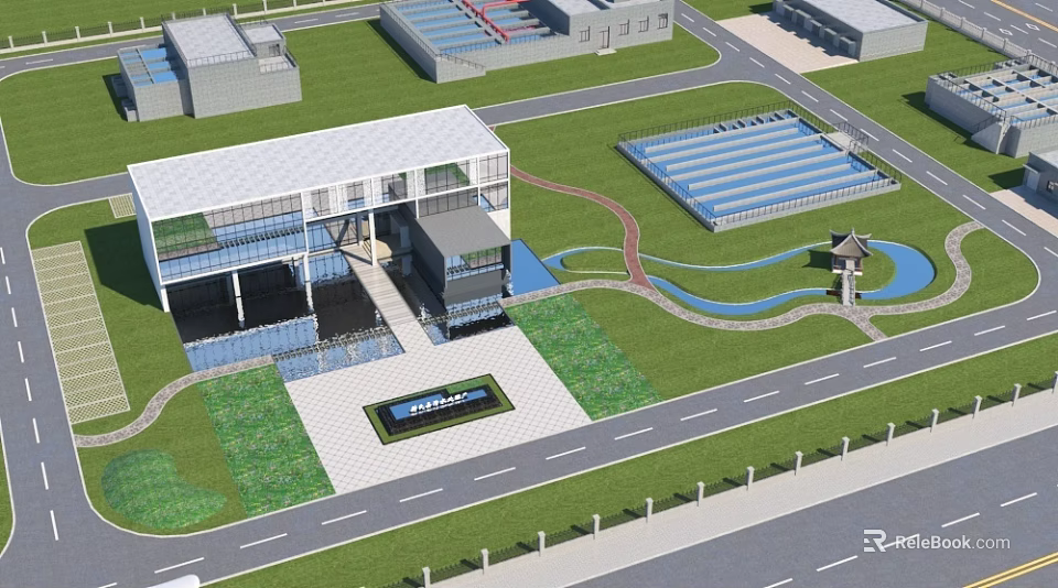 Aerial View Planning of Modern Industrial Zone with Buildings Green Areas and Water Features 3d model 