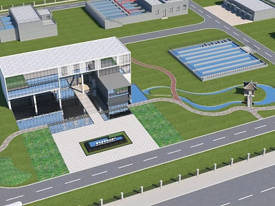 Aerial View Planning of Modern Industrial Zone with Buildings Green Areas and Water Features 3d model