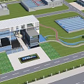 Aerial View Planning of Modern Industrial Zone with Buildings Green Areas and Water Features