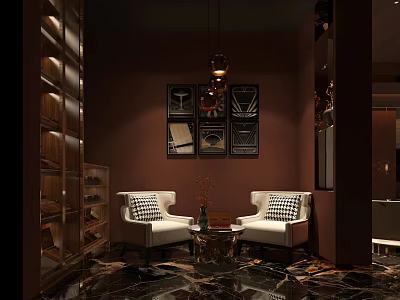 Elegant Reception Area Interior With Two Armchairs Round Table Decorative Paintings Pendant Light And Dark Marble Floor 3d model