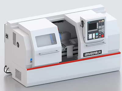 Industrial CNC Lathe Machine With White Body Control Panel And Protective Door 3d model