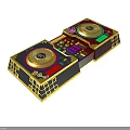 Professional Electronic DJ Controller With Dual Turntables Colorful Buttons Gold Accents And Black Frame