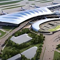 Modern Airport Terminal Architecture With Runways And Parked Airplanes At Night