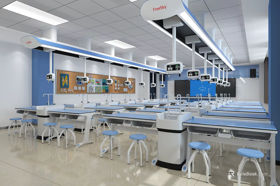 Modern Laboratory Interior Equipped With Advanced Equipment Workbenches And Stools 3d model 