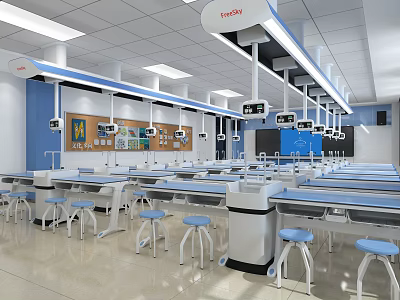 Modern Laboratory Interior Equipped With Advanced Equipment Workbenches And Stools 3d model