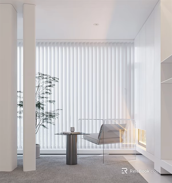Modern Leisure Chair In Bright Interior With White Blinds Small Table And Plant 3d model 