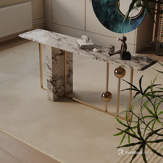 Modern Console Table With Marble Top Golden Legs And Decorative Ornaments 3d model 