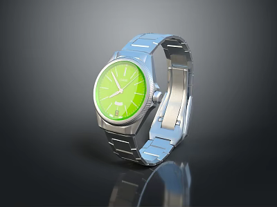 Modern Stylish Watch With Green Dial And Silver Metal Strap Design 3d model