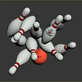 White Bowling Pins And Red Bowling Ball In Scattered Arrangement As Household Items