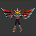 Stylized Game Movie Character With Spread Red Blue Wings Golden Headpiece And Black Armor