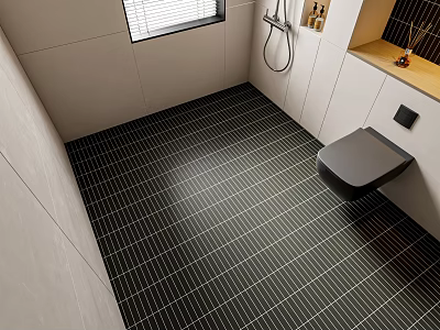 Modern Bathroom With Black And White Grid Pattern Floor Tiles 3d model