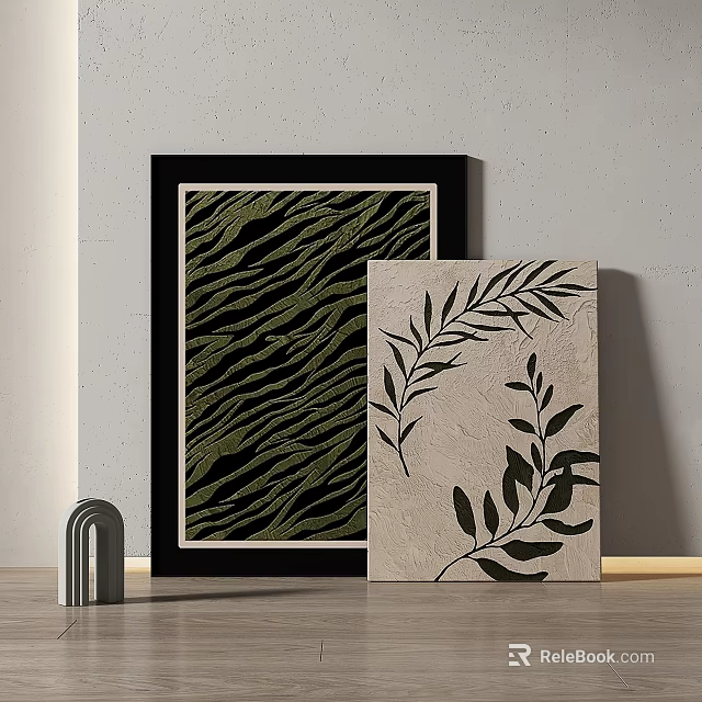 Abstract Paintings With Leafy Branches And Striped Patterns Displayed On Wall 3d model
