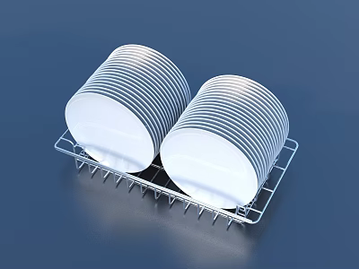 Two Stacks Of White Striped Plates On Metal Dish Drying Rack 3d model