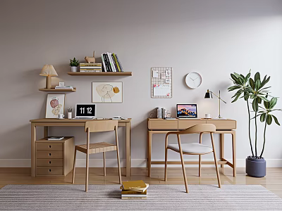 Modern Wooden Desk Interior With Shelf Table Lamp Potted Plant Clock Calendar And Chair 3d model
