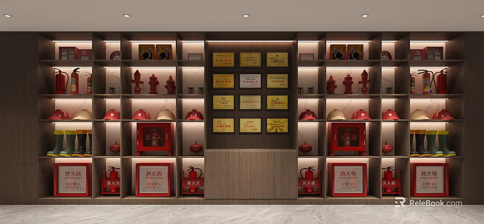 Fire Equipment Display With Red Hydrants Extinguishers And Wooden Counter 3d model