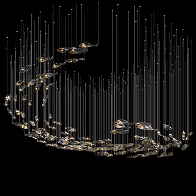 Modern Artistic Chandelier With Multiple Hanging Metal Chains And Illuminated Fixtures 3d model